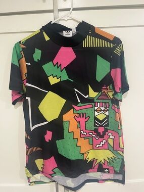adidas Black Tee with Neon Pink, Green, Yellow and Orange Abstract Print RARE